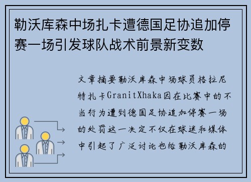 勒沃库森中场扎卡遭德国足协追加停赛一场引发球队战术前景新变数